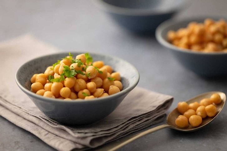 Single serving of chickpeas in pretty grey bowl on linen napkin garnished with parsley
