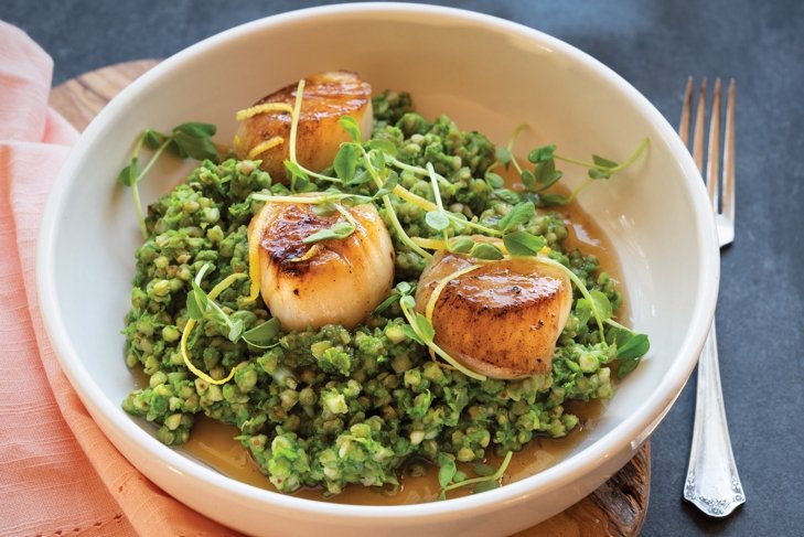 Maple Seared Scallops with Green Buckwheat Risotto