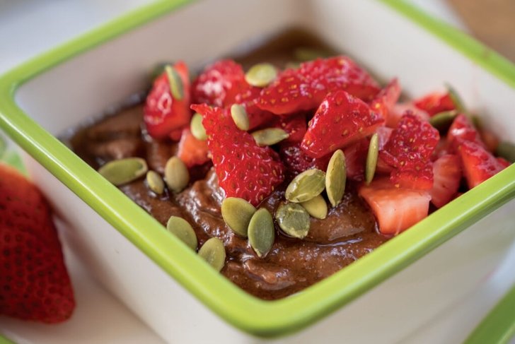 Chocolate Teff Pudding with Roasted Strawberries